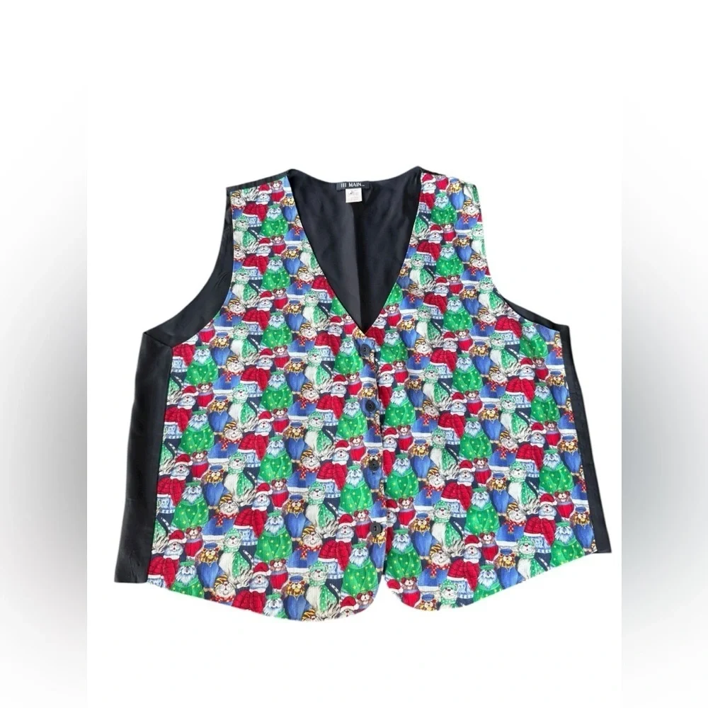 Vintage Christmas Holiday Vest Cats Santa Hats Black Red Womens Size 2X Funny